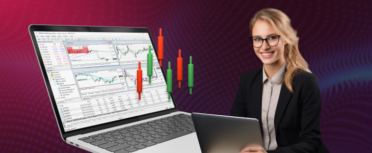 A woman in glasses and a suit holds a laptop displaying a stock chart, indicating a business or financial context.