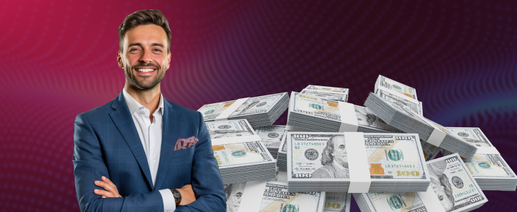 A man in a suit stands confidently in front of a large pile of cash, symbolizing wealth and success.