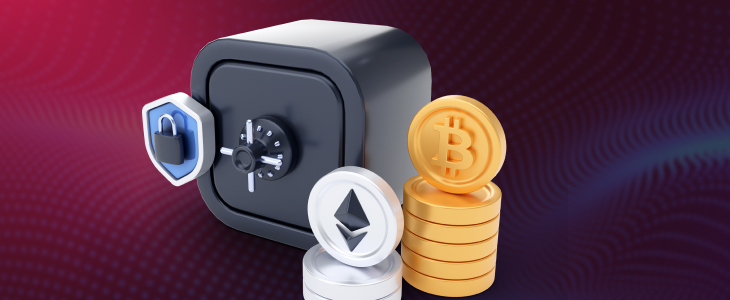 A bitcoin, a coin, and a lock are placed on a stack of coins, symbolizing security in cryptocurrency derivatives.