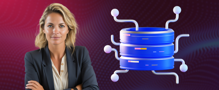 A woman in a business suit stands beside a large blue data storage device, representing Depin Networks' technology solutions.