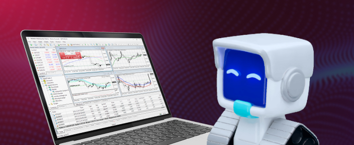 A robot sits in front of a laptop displaying a chart, illustrating AI's role in CFD trading.