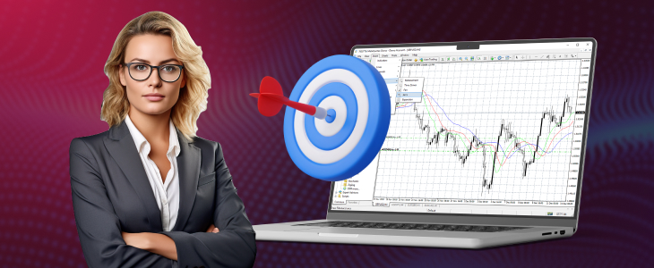 Confident businesswoman standing next to a laptop displaying forex trading charts, with a target and dart symbolizing trading goals and strategies.