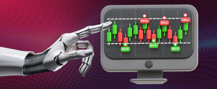 A robot hand points at a computer screen displaying a colorful chart with data trends and statistics.