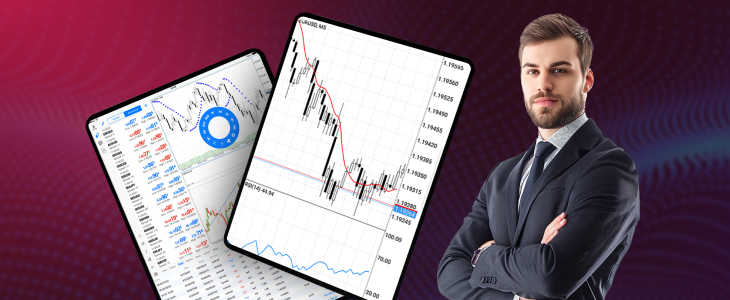 A man in a suit holds a tablet displaying a stock chart, analyzing financial data with a focused expression.