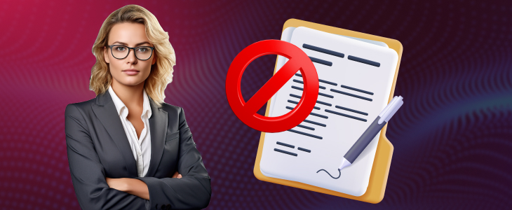 A woman in glasses and a suit holds a document featuring a prominent red sign, conveying important information.
