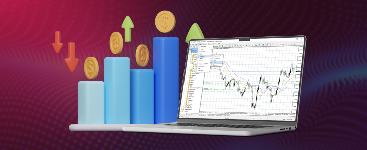 Digital abstract background in red and purple tones with wave-like dotted patterns, representing leverage forex trading on the MT4 platform.
