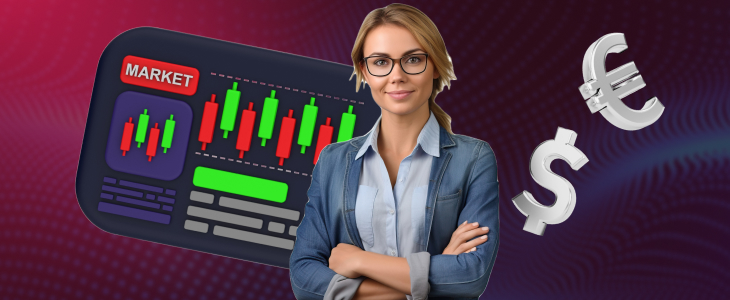 A bespectacled woman stands in front of a computer screen showing the terms "market" and "euro."